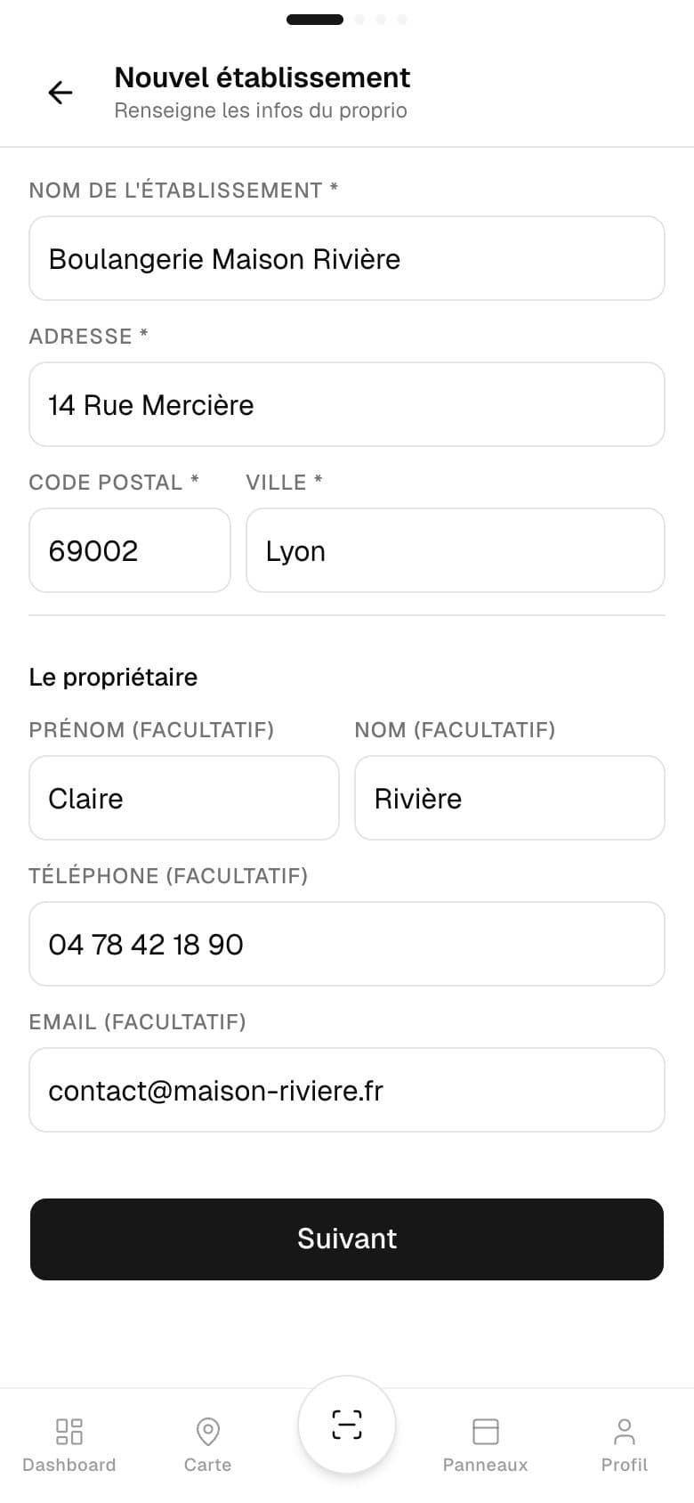 Oohmyscan · création d'un nouvel établissement