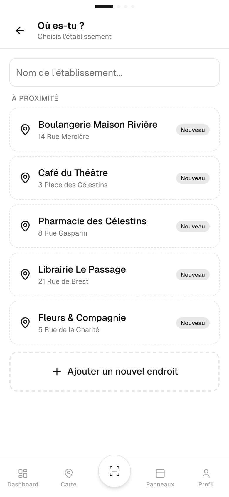 Oohmyscan · choix de l'établissement à proximité